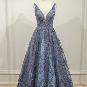 NEW SMOKEY BLUE FLORAL GLITTER PRINT Evening BALL EVENING PARTY GOWN Dress CD812